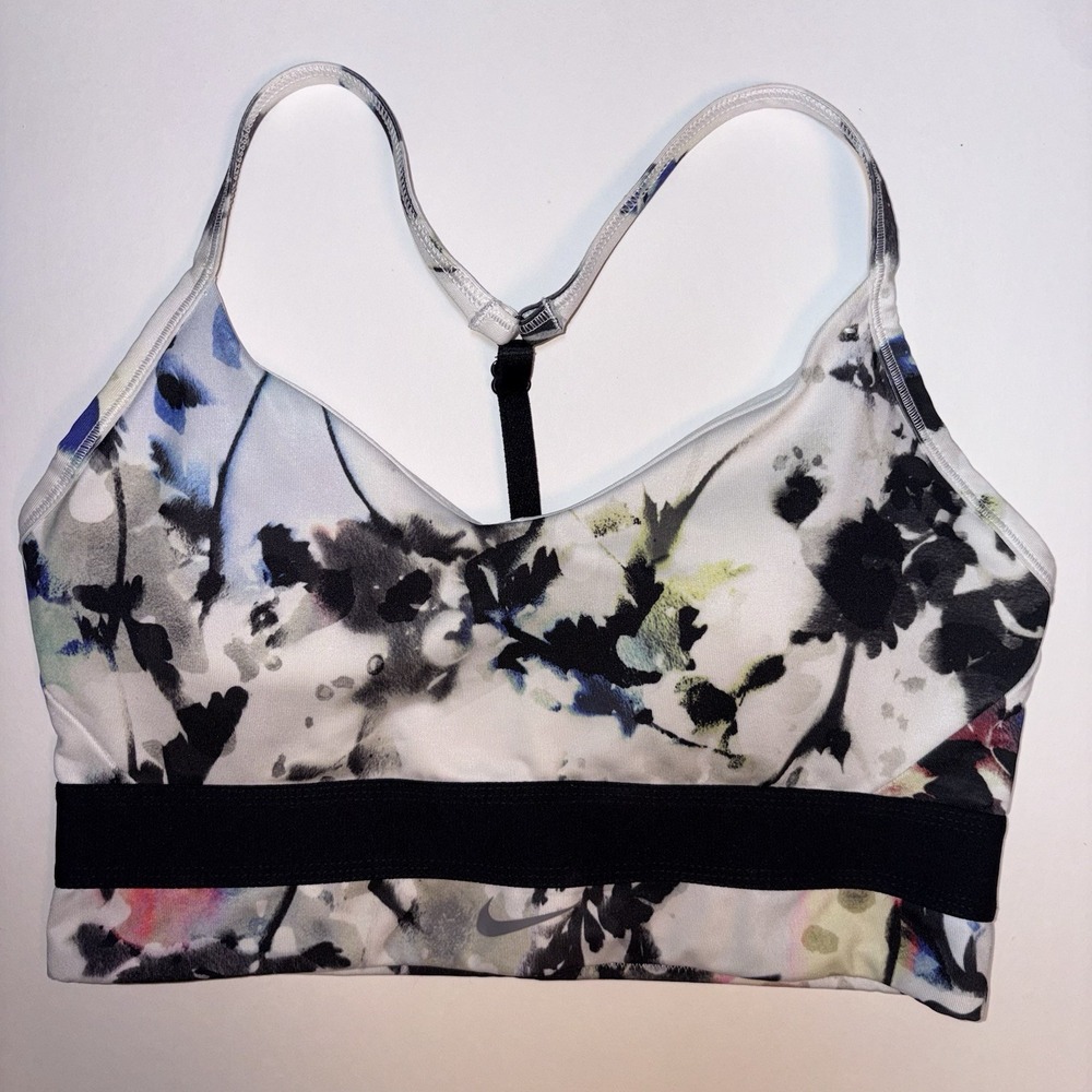 NIKE DRI-FIT Indy Floral T-Back Sports Bra Black and White Floral Size M